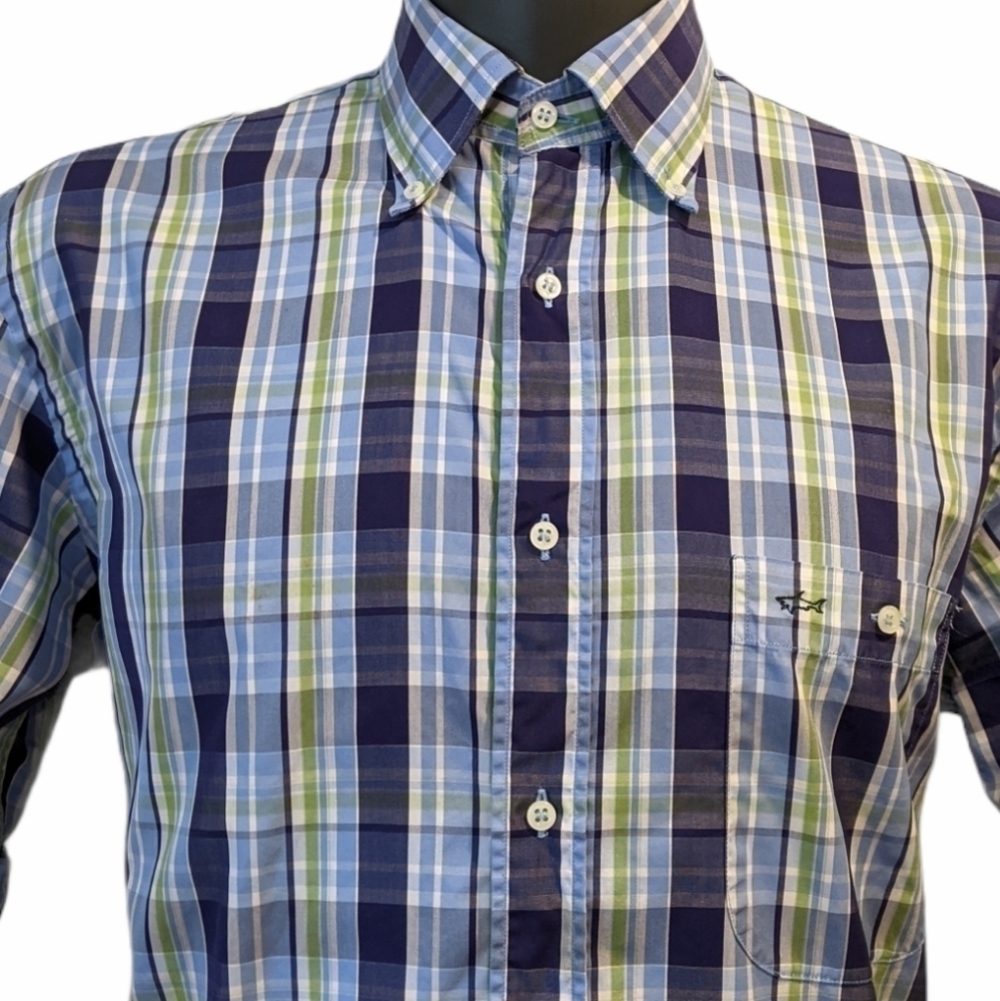 PAUL & Shark Blue Plaid Button Down Shirt 42 FLAW